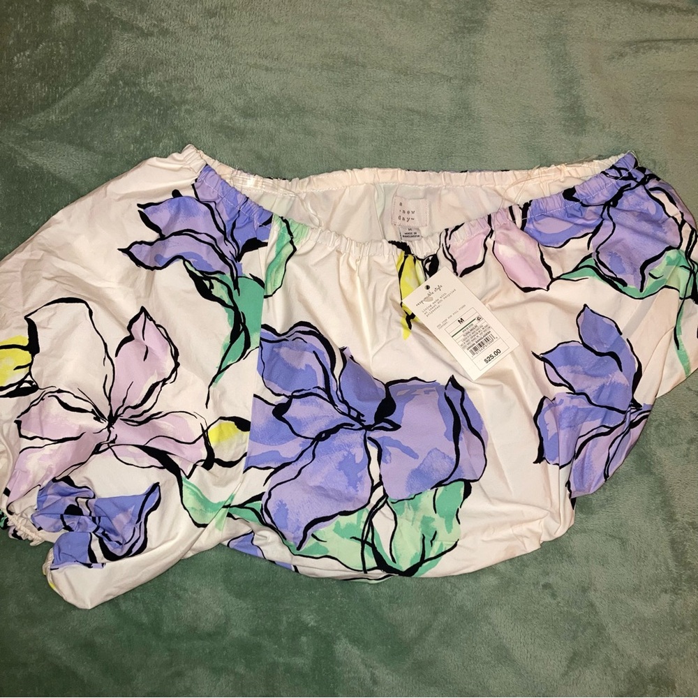 a new day White Floral Bermudas with Lavender, Mint & Black Accents